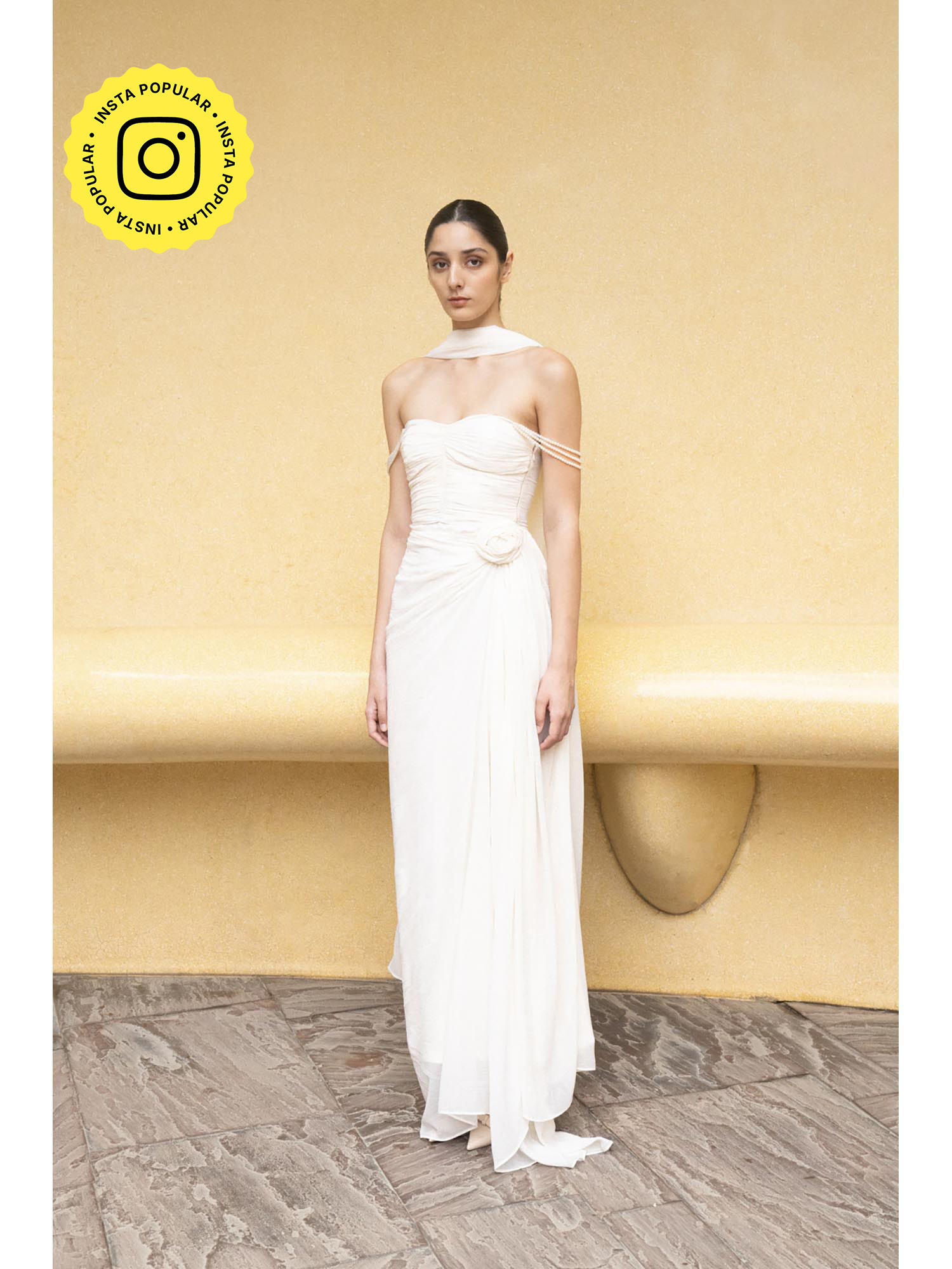 SOTBELLA Ivory Draped Gown with Off-Shoulder Pearl Straps