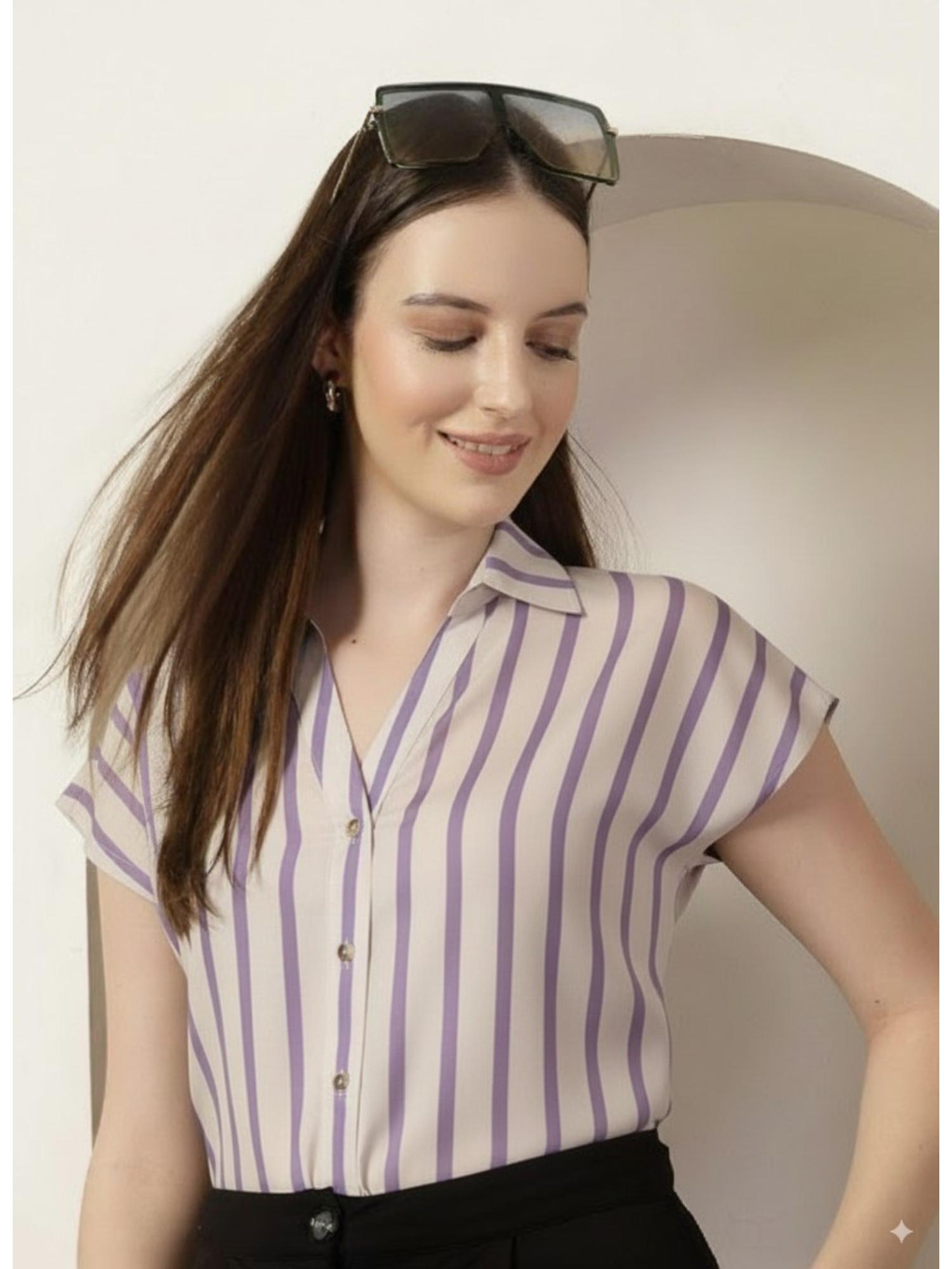 Style Quotient Women Beige And Lilac Striped Polyester Shirt