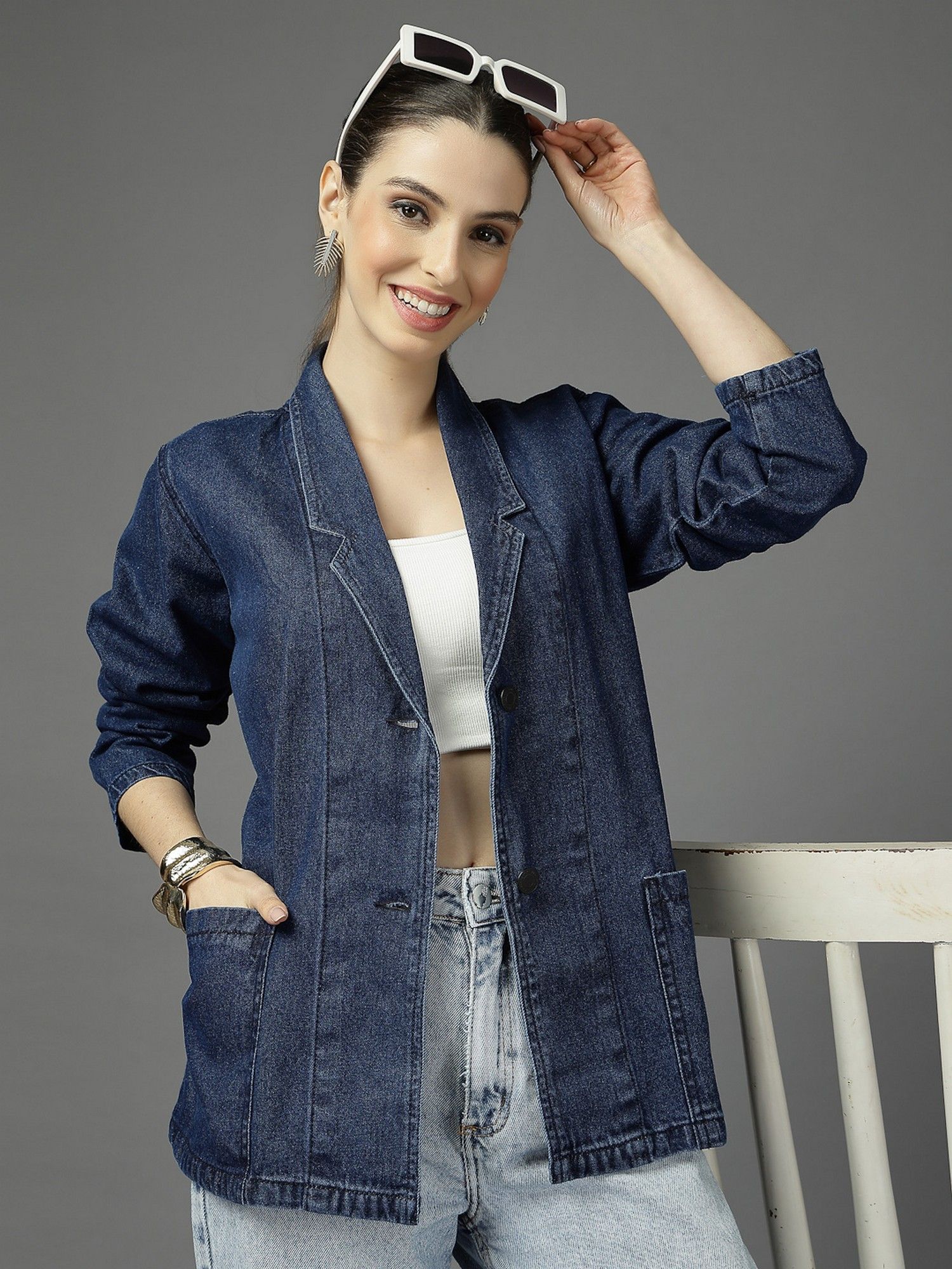 Style Quotient Women Navy Blue Notched Lapel Collar Regular Fit Jacket