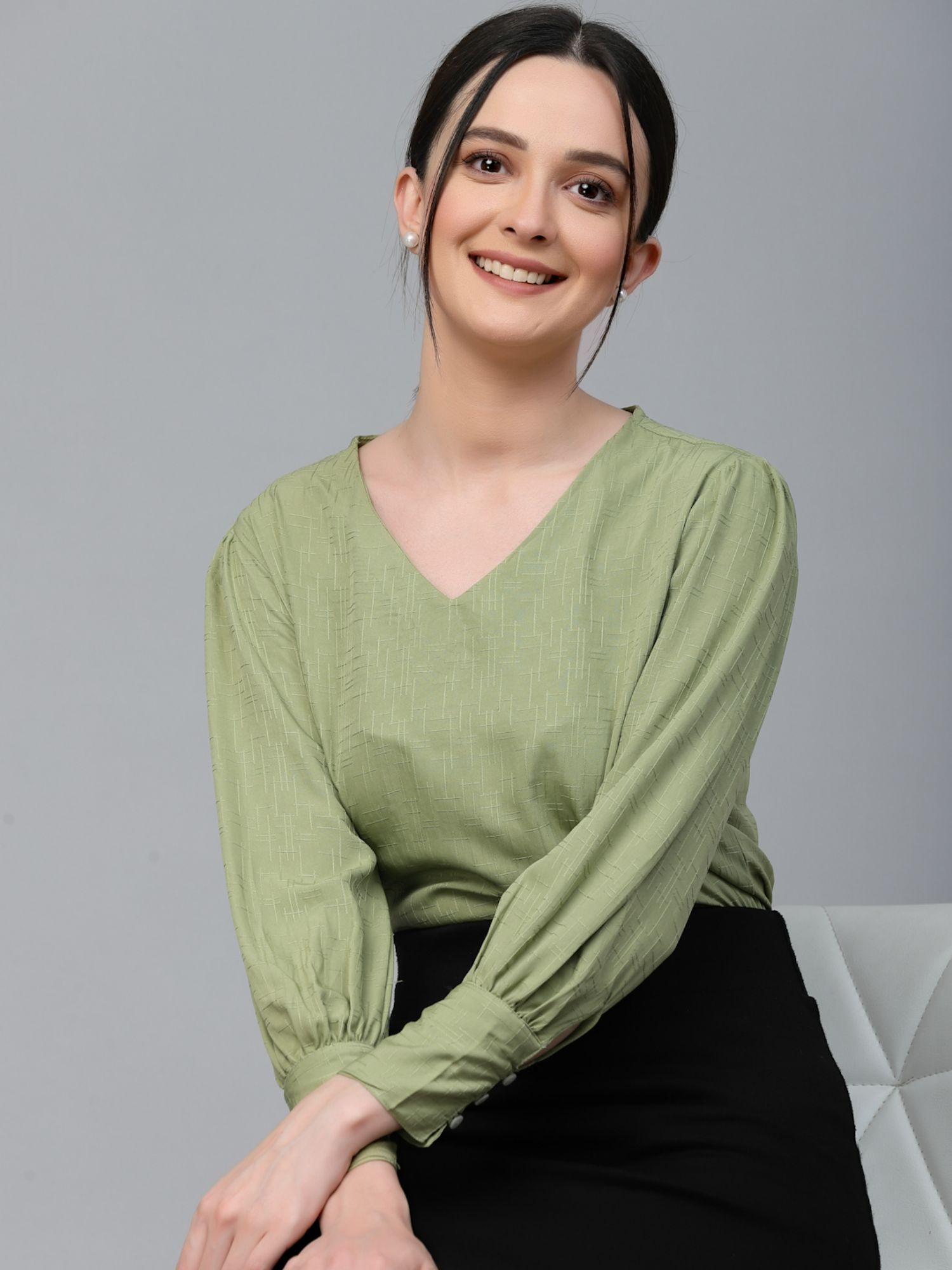 Style Quotient Women Sage Green Self Design Polyester Regular Smart Casual Top