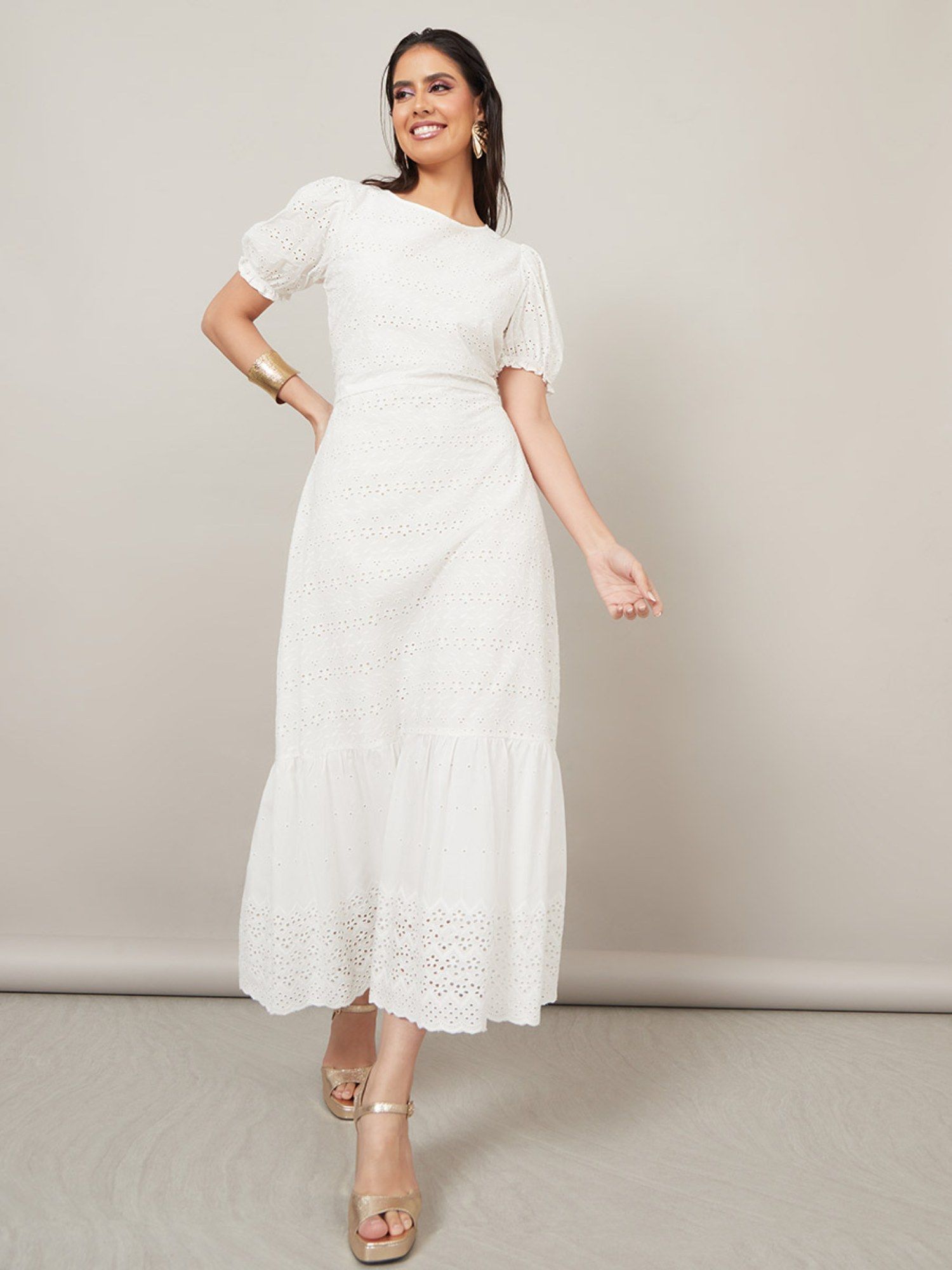 Styli White Broderie Puff Sleeves A-Line Midi Dress with Back Tie Up