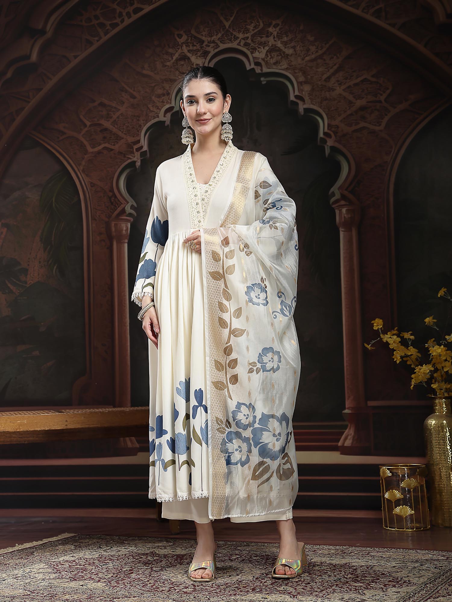 Stylum White Floral Kurta with Palazzo and Dupatta