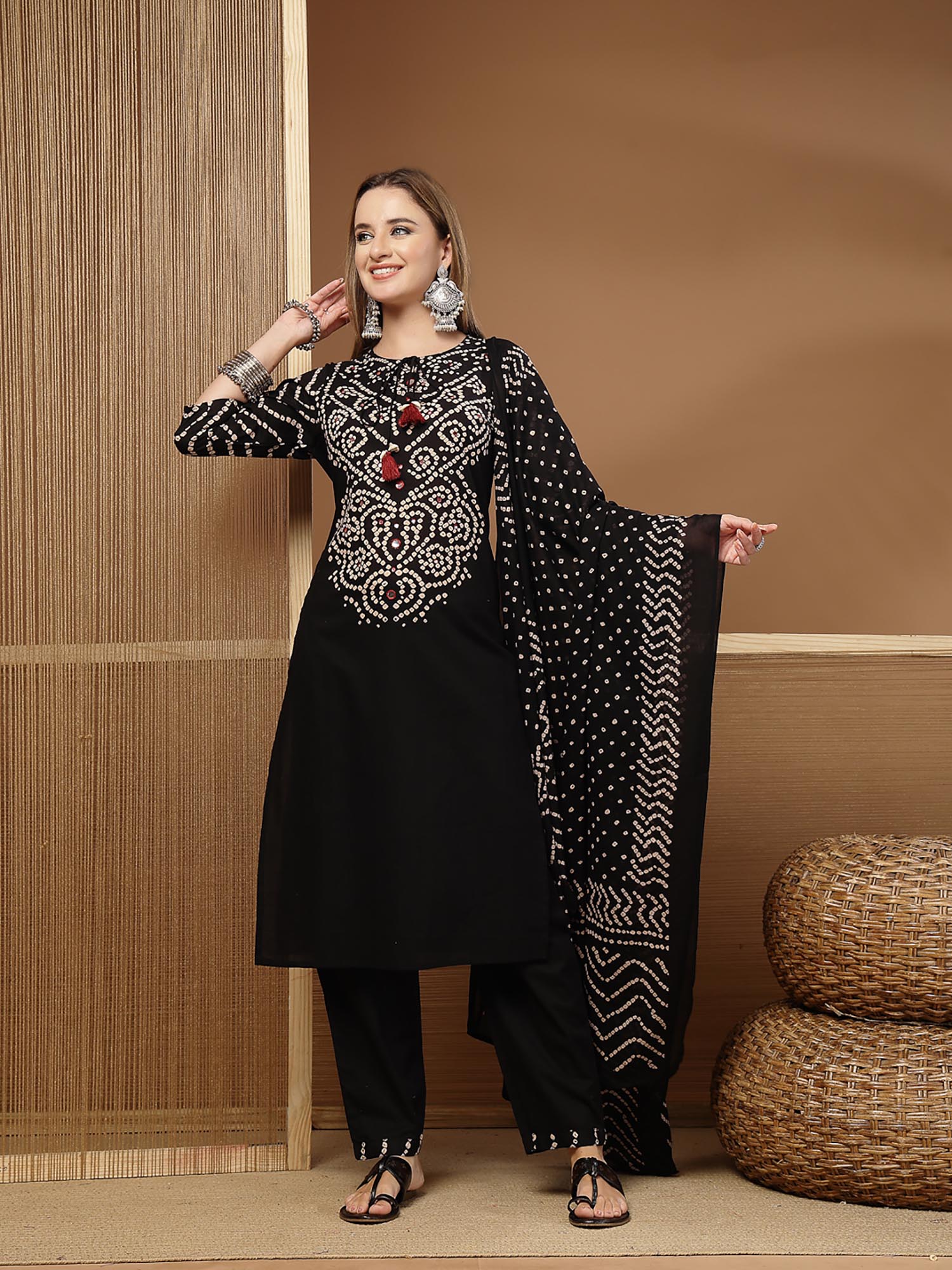 Stylum Women's Black Bandhej Mirror Work Cotton straight Kurta With Pant & Dupatta