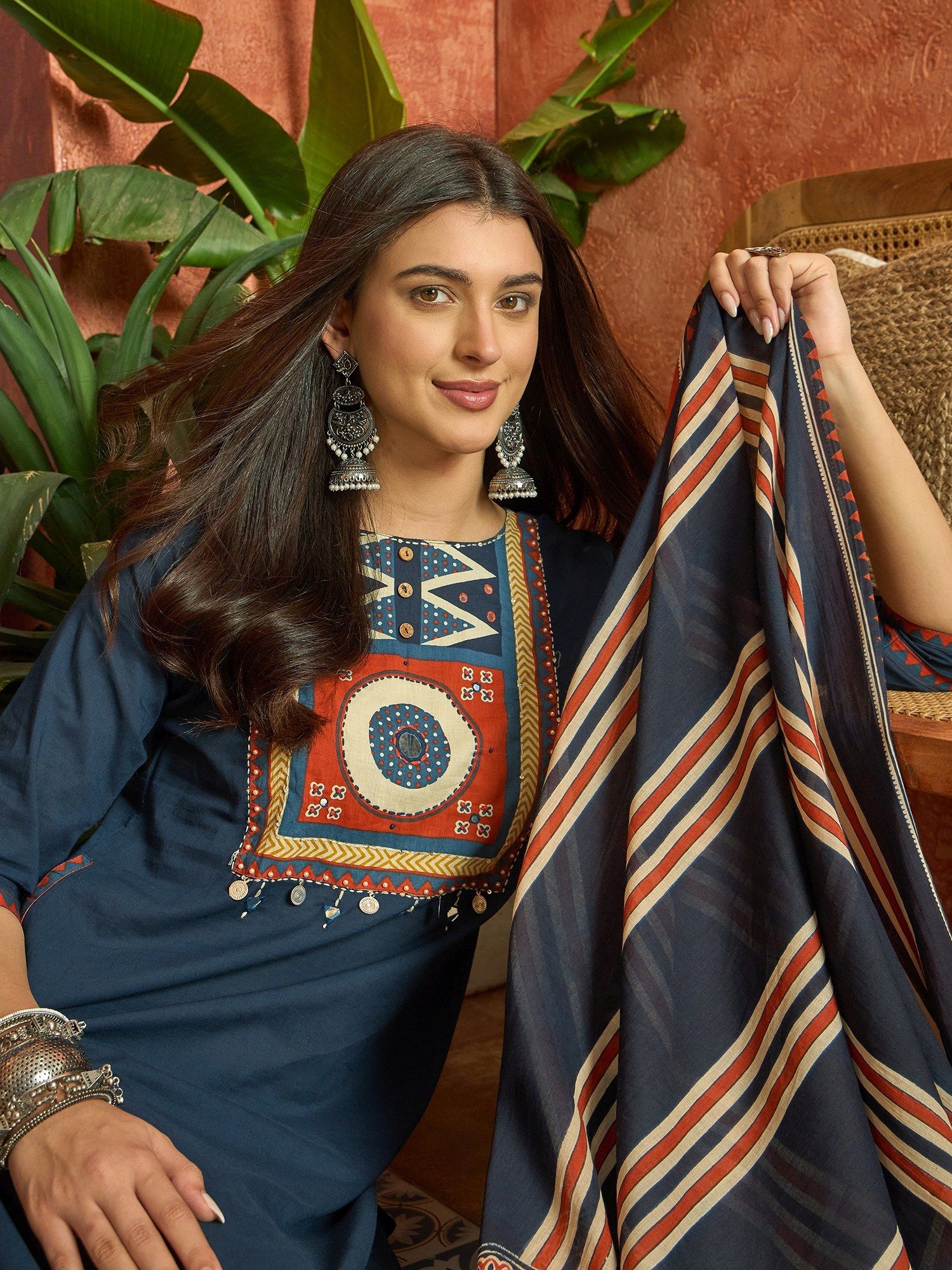 Stylum Women's Blue Mirror Work Cotton Straight Kurta With Pant & Dupatta