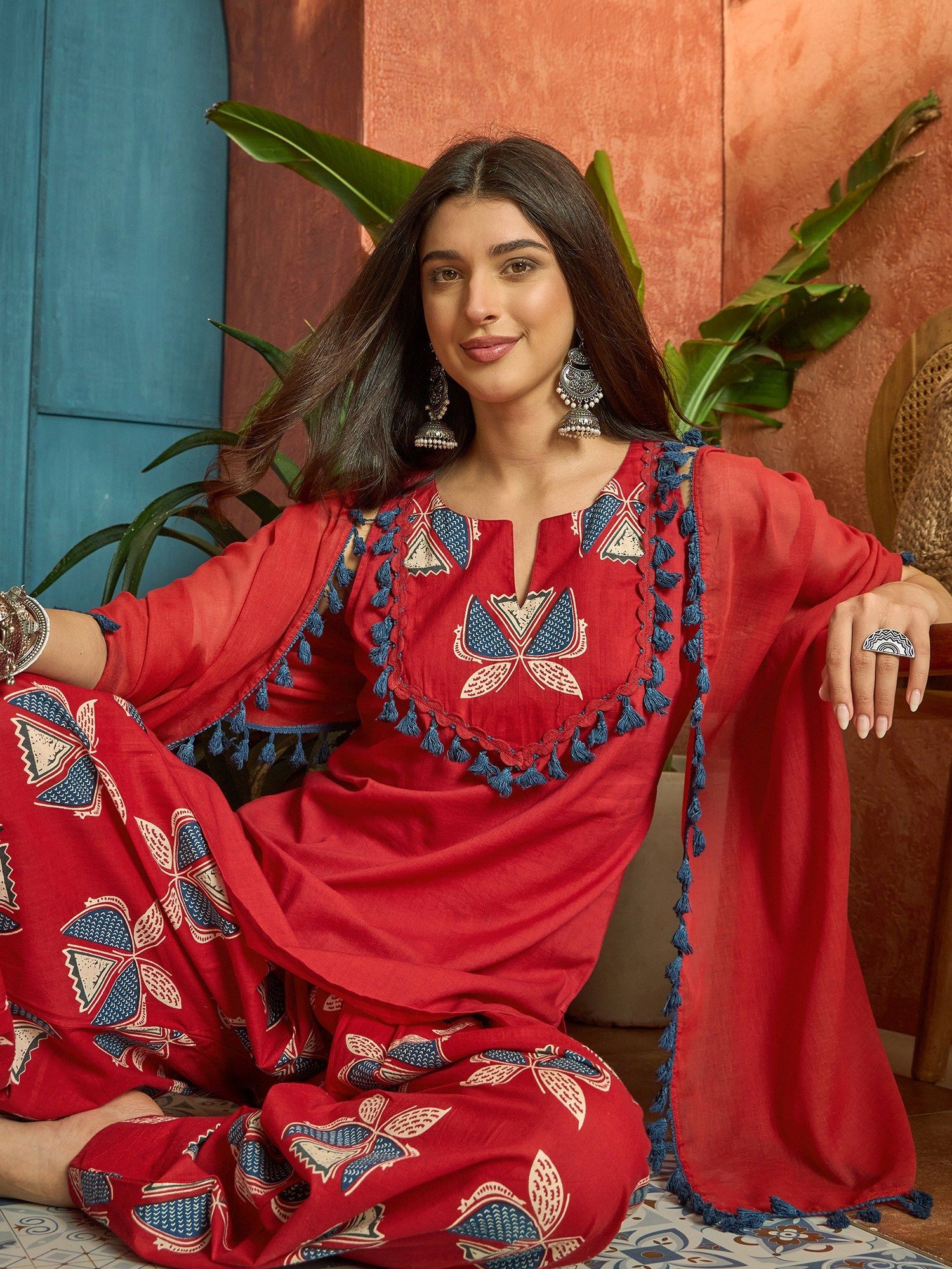 Stylum Women's Red Solid Cotton Straight Kurti With Salwar & Dupatta