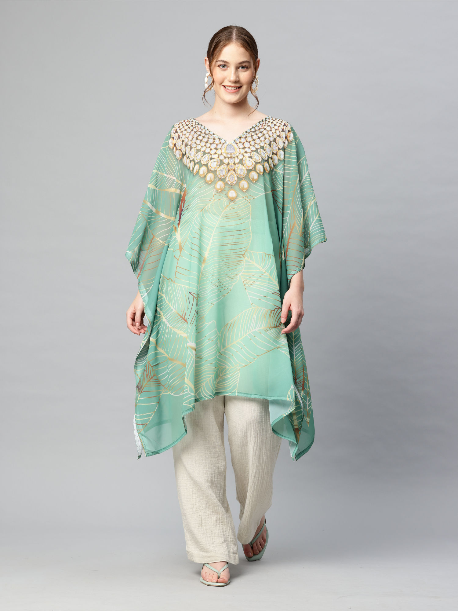 SWI STYLISH Women Printed V-Neck Flared Sleeves Beach Wear Green Kaftan