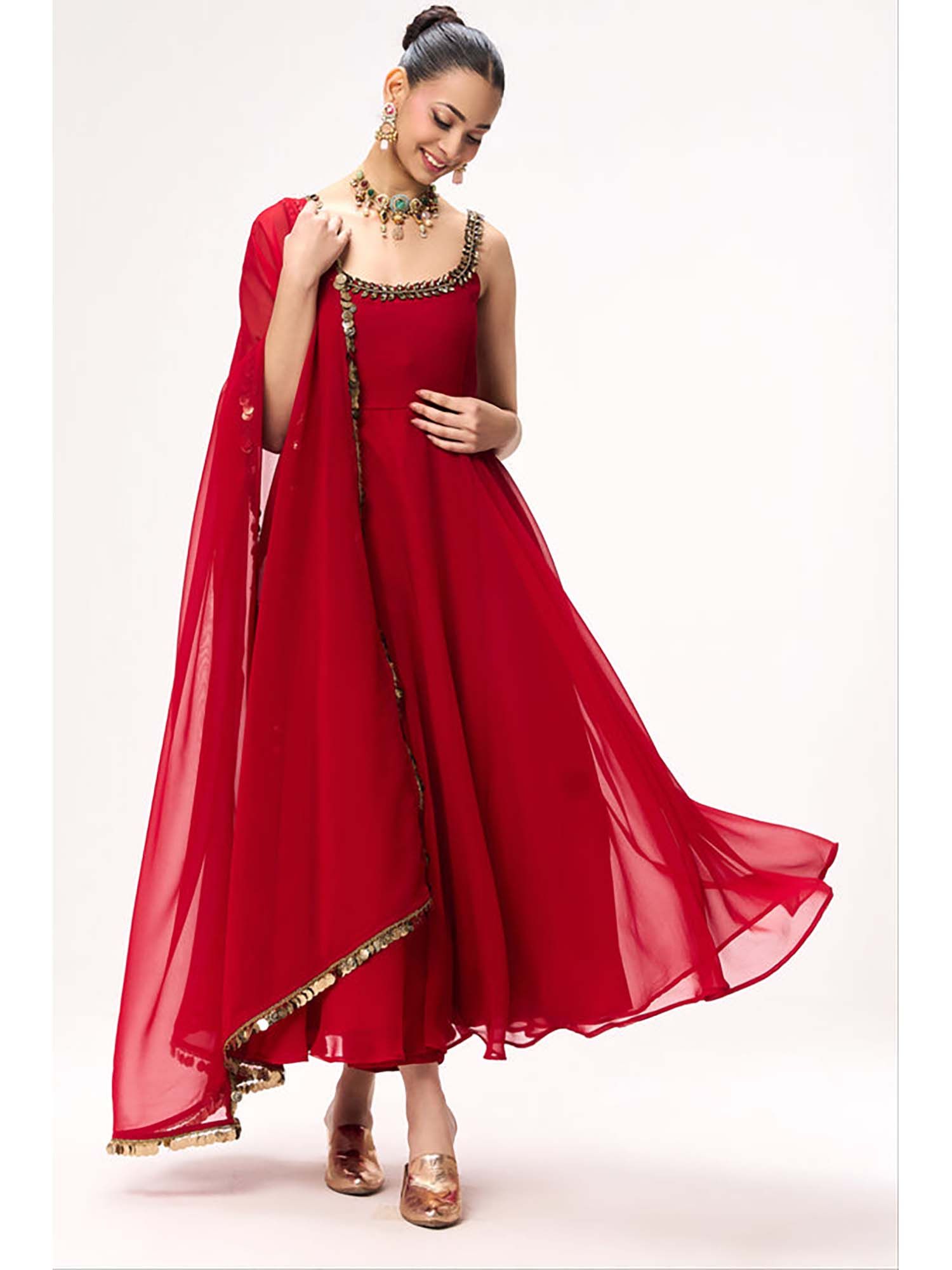 Swtantra Women Red Solid Beads Work Anarkali Kurta with Pant and Dupatta