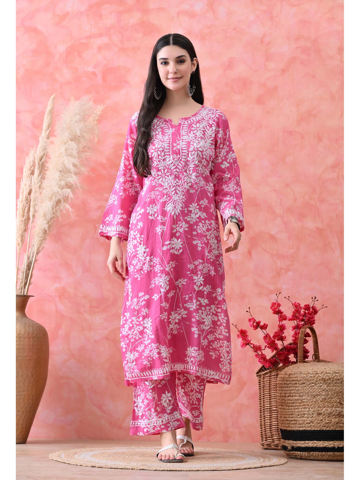 SYRISH Hand Embroidered Chikankari Mulmul Kurta Palazzo Pink