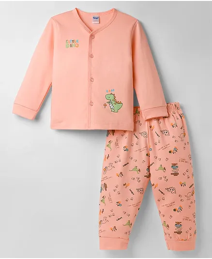 Tango Interlock Knit Full Sleeves Night Suit With Dino Print - Peach