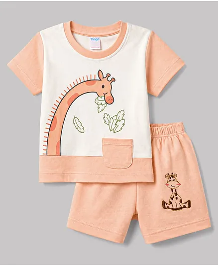 Tango Interlock Knit Half Sleeves Giraffe Printed & Embroidered T-Shirt & Shorts Set - Peach & White