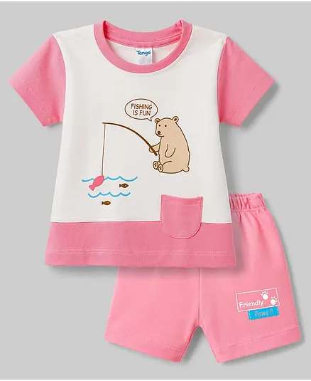 Tango Interlock Knit Half Sleeves T-Shirt & Shorts Set With Bear Print - Pink