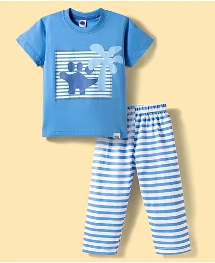 Teddy Sinker Knit Half Sleeves T-Shirt & Pajama Night Suit with Dino Print & Stripes - Blue