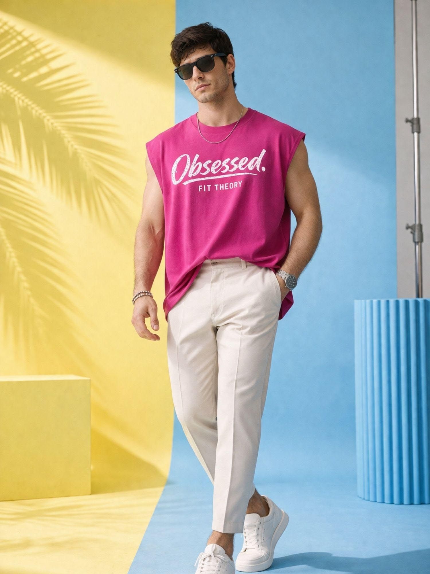 The Fit Theory Men Oversized Boxy Magenta Tank Top