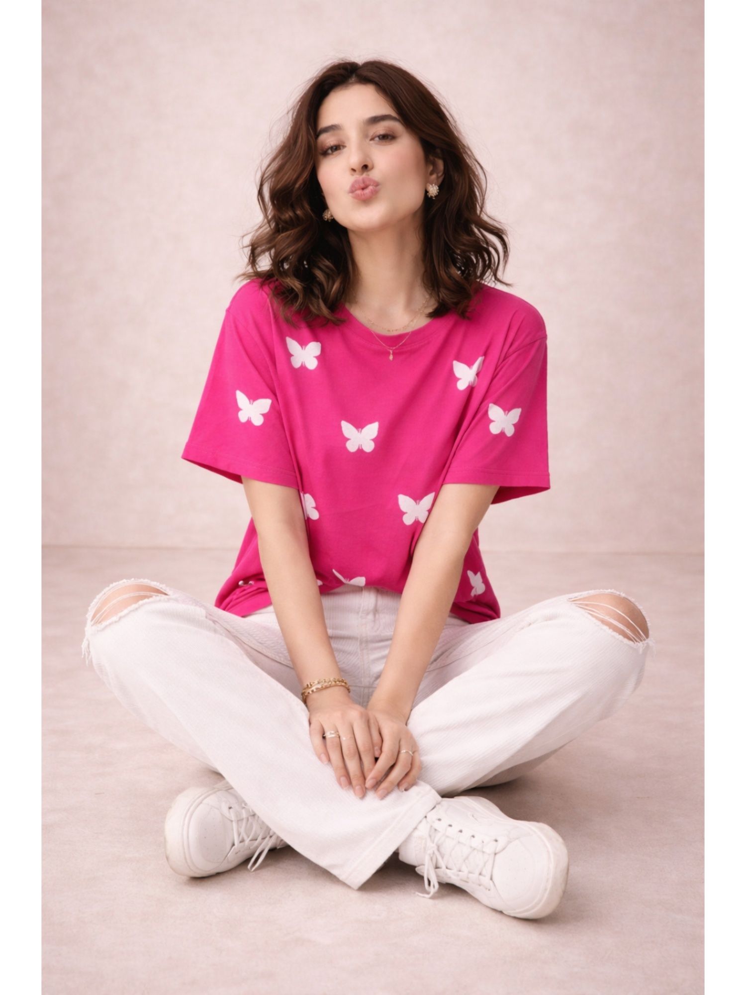 The Fit Theory Women All Over Printed T-Shirt - Magenta Pink Butterfly