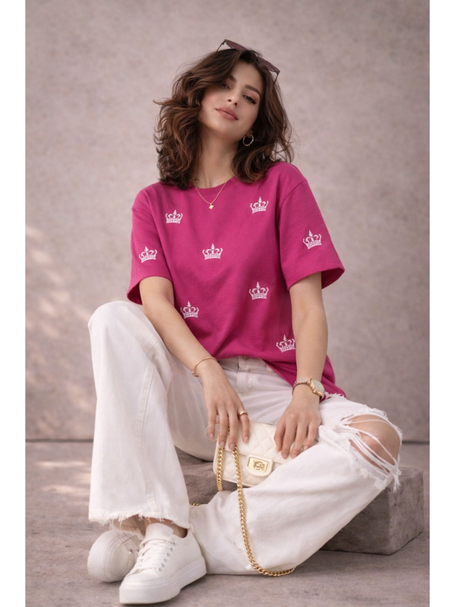 The Fit Theory Women All Over Printed T-Shirt - Magenta Pink Crown