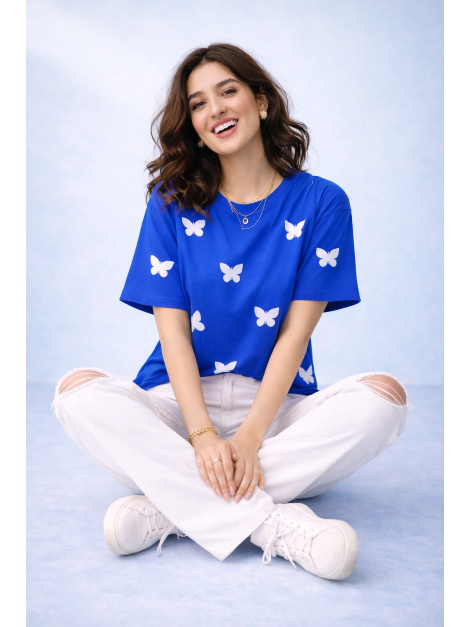 The Fit Theory Women All Over Printed T-Shirt - Royal Blue Butterfly