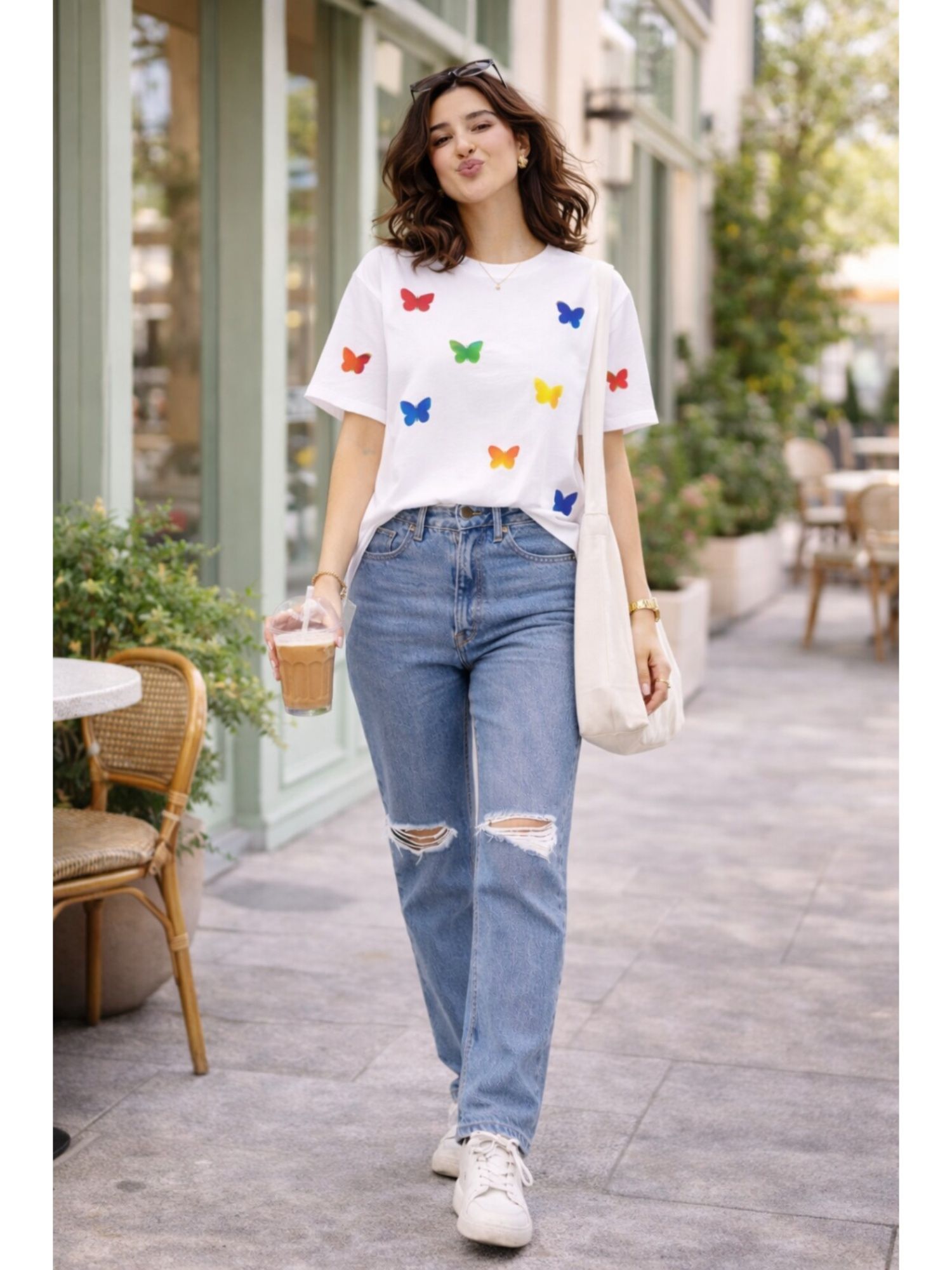 The Fit Theory Women All Over Printed T-Shirt - White Butterfly