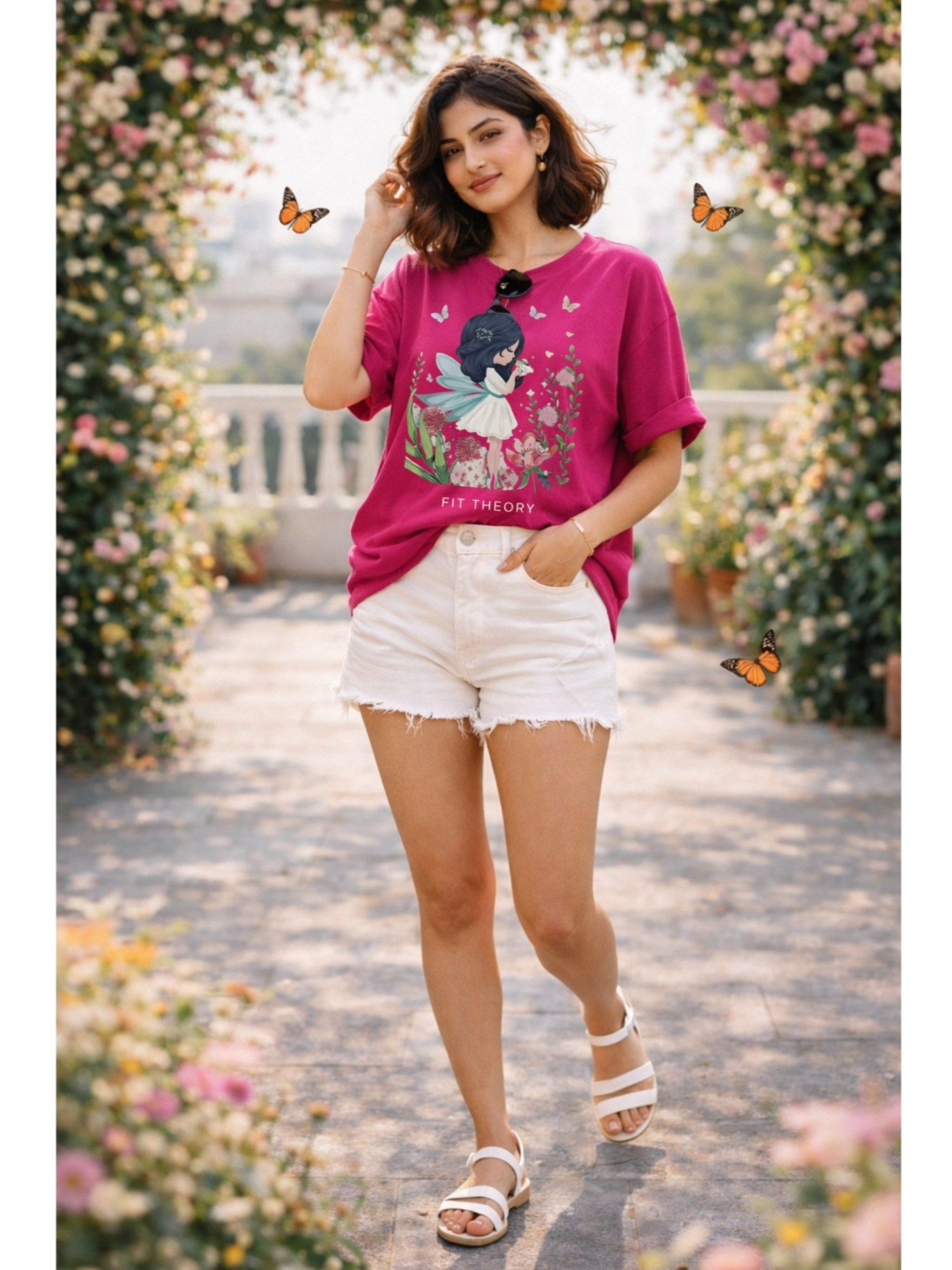 The Fit Theory Women Oversized T-Shirt - Magenta Pink Girl Garden