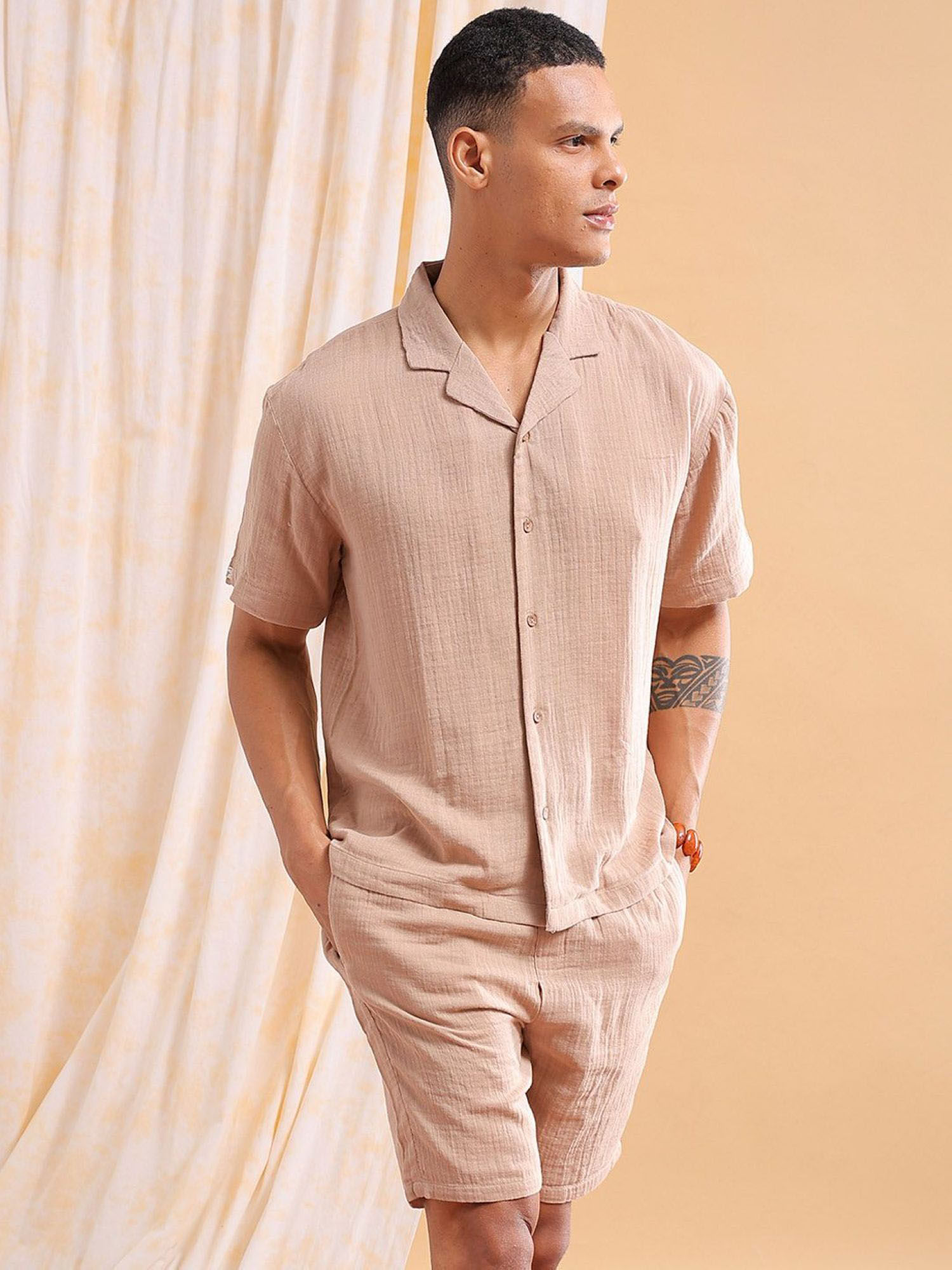 The Indian Garage Co Beige Men's Regular Fit Solid Shirt and Boxers Co-Ordinates Set (Set of 2)