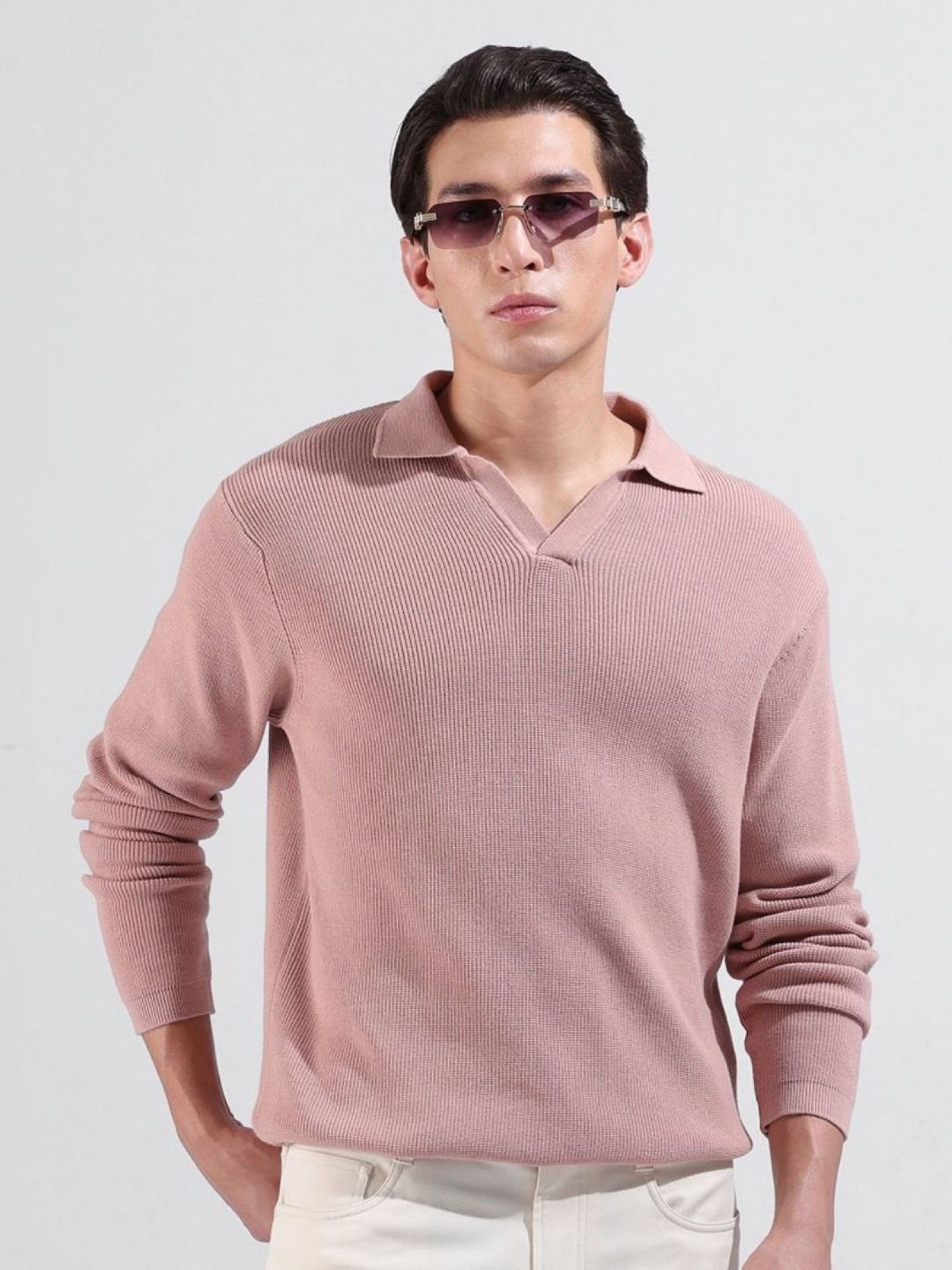 The Indian Garage Co Men Pink Textured Full Sleeves Polo T-shirt