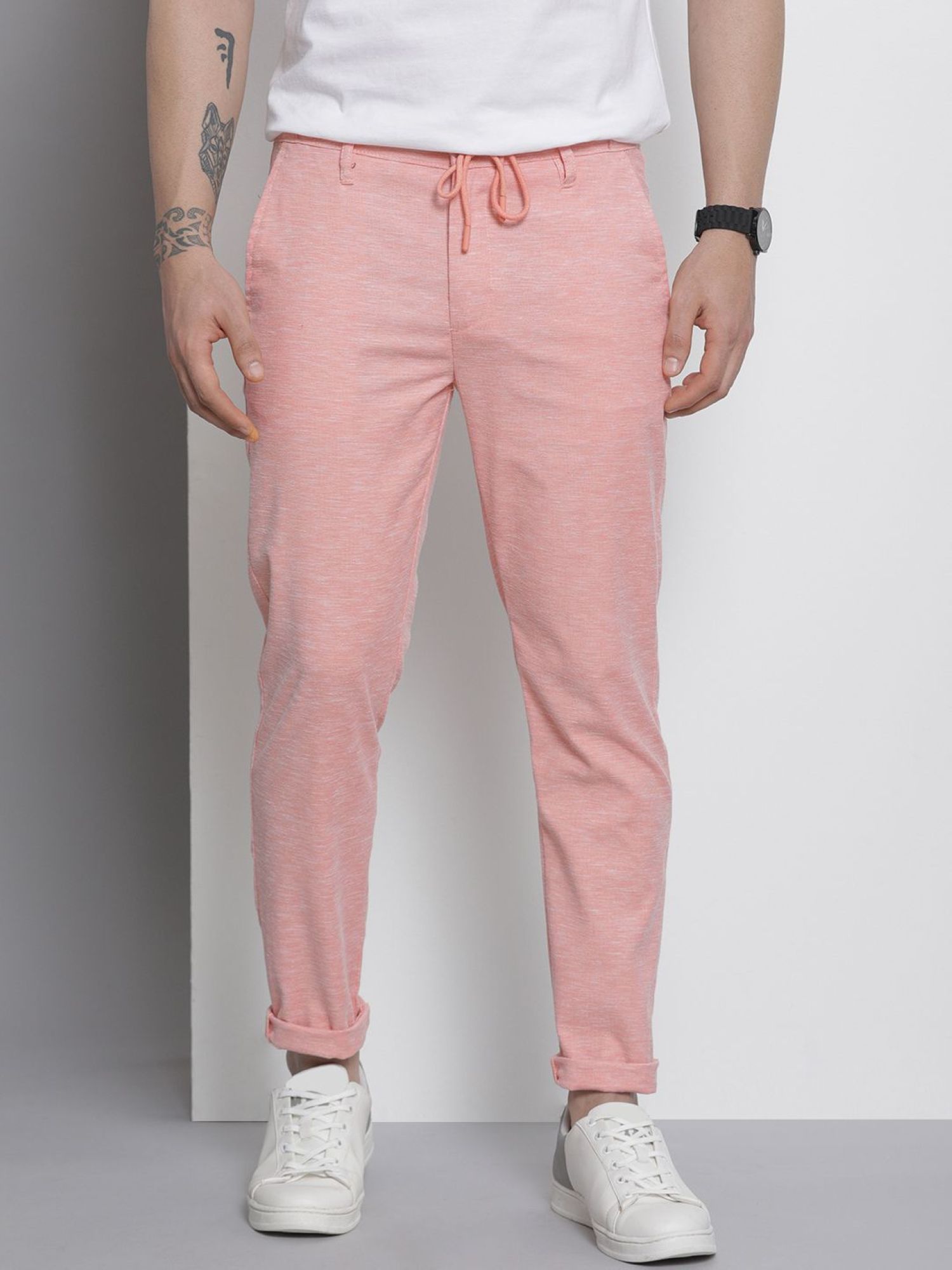The Indian Garage Co Men Pink Textured Trousers