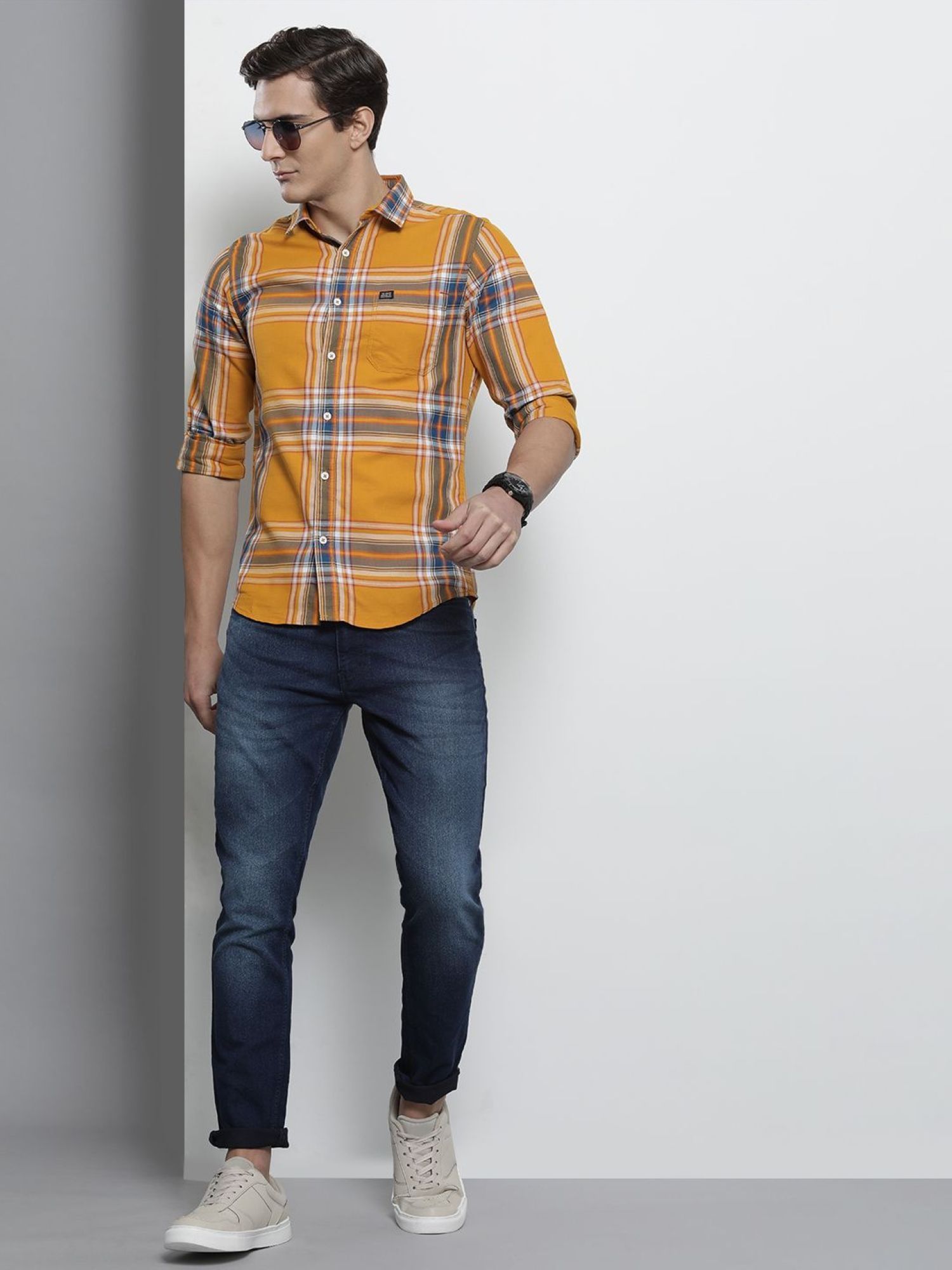 The Indian Garage Co Men Regular Fit Checkered Full Sleeves Spread Collar Casual Shirt - Mustard