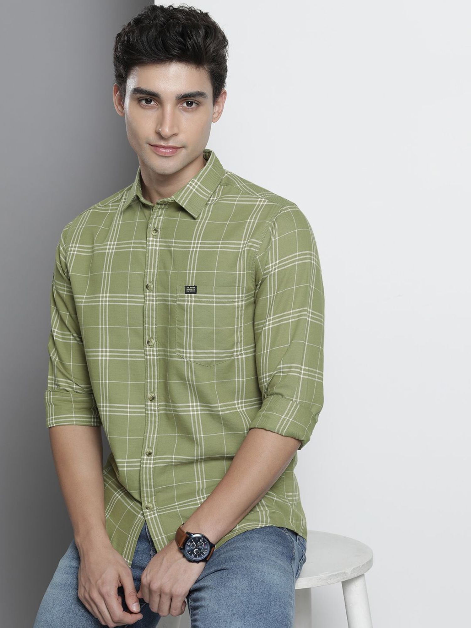 The Indian Garage Co Men Slim Fit Checkered Full Sleeves Spread Collar Casual Shirt - Green