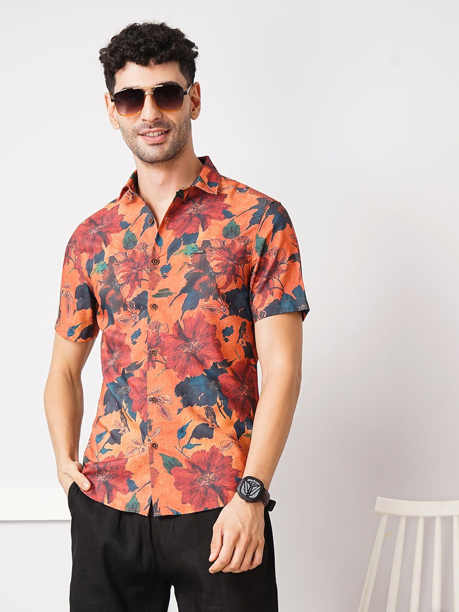 The Indian Garage Co Men Slim Fit Half Sleeves Spread Collar Resort Wear Shirt Orange