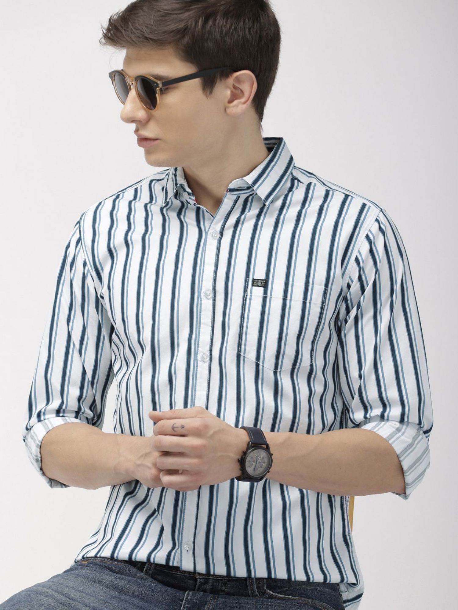 The Indian Garage Co Men Slim Fit Multi Striped Full Sleeves Cutaway Collar Casual Shirt - White