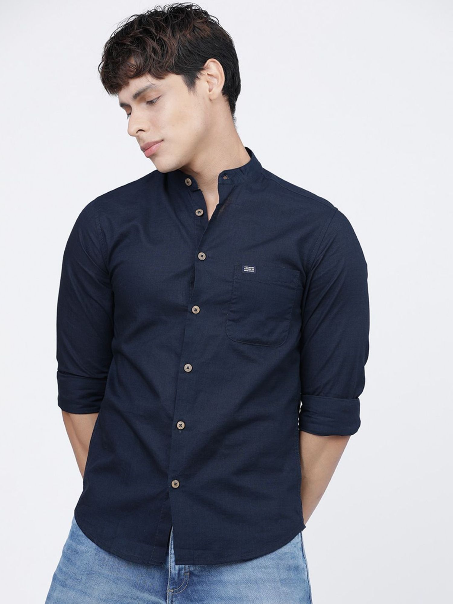 The Indian Garage Co Men Slim Fit Solid Full Sleeves Mandarin Collar Casual Shirt - Navy Blue