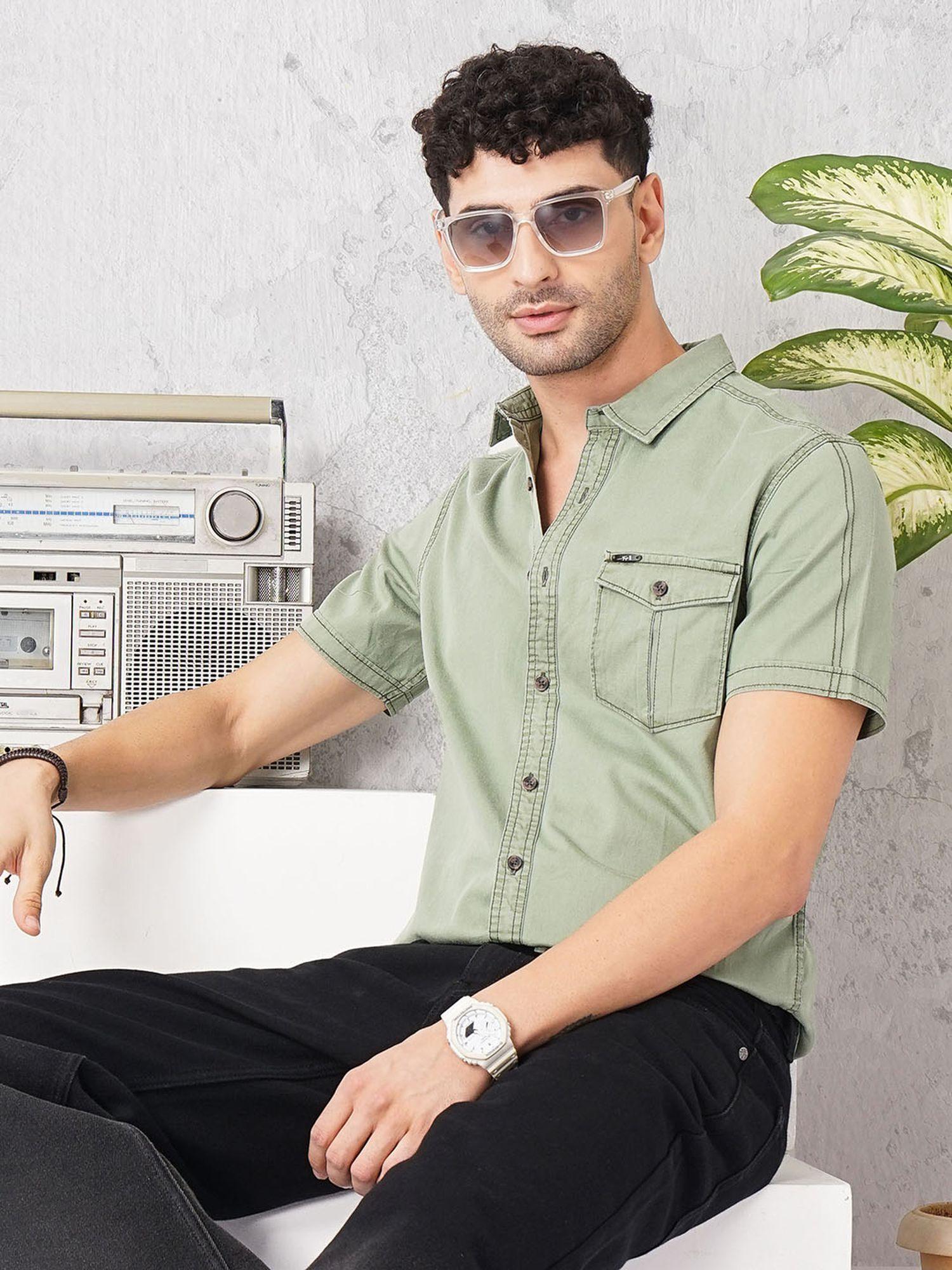 The Indian Garage Co Men Slim Fit Solid Half Sleeves Spread Collar Casual Shirt Green