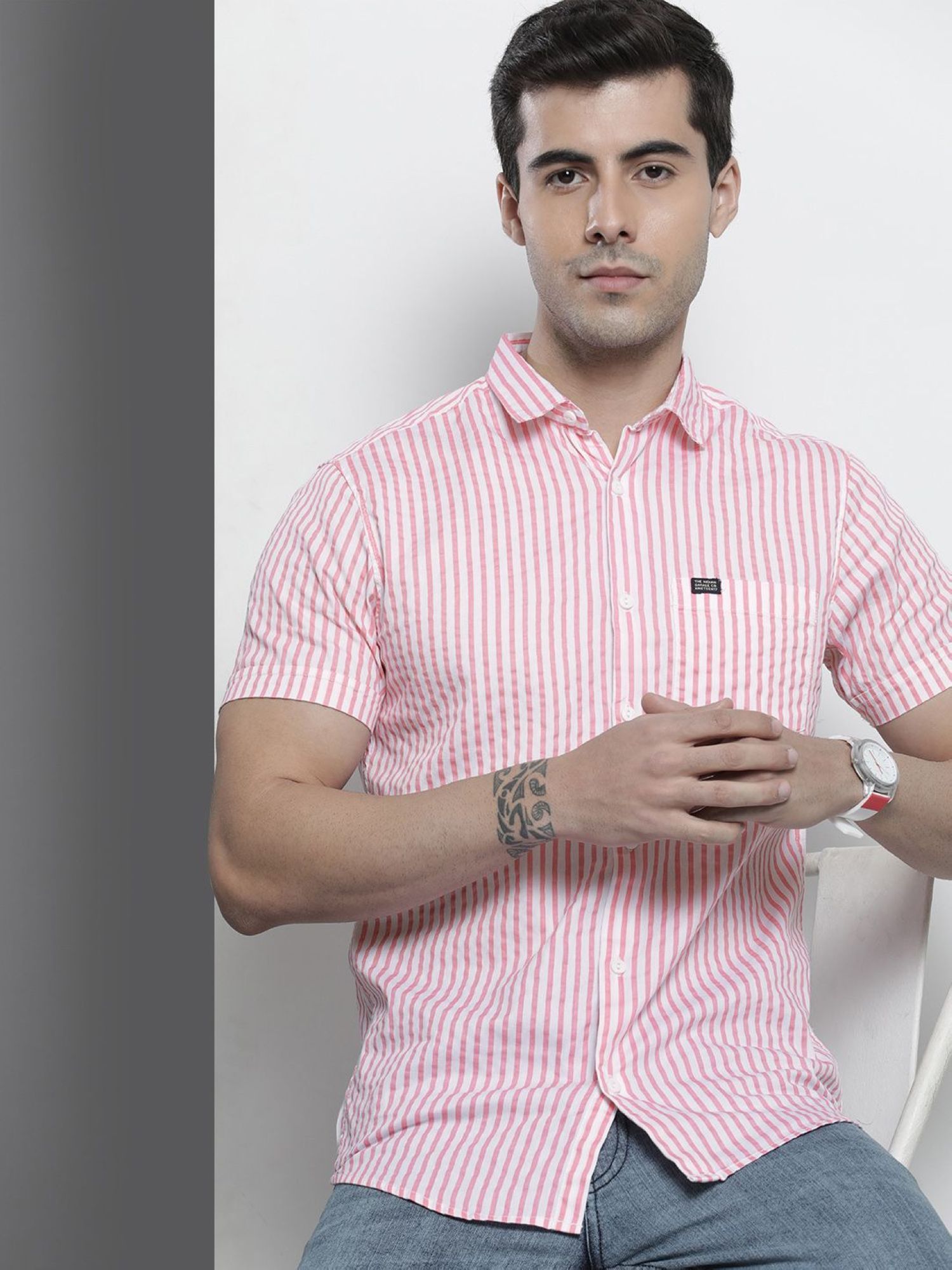 The Indian Garage Co Men Slim Fit Striped Half Sleeves Spread Collar Casual Shirt - Pink