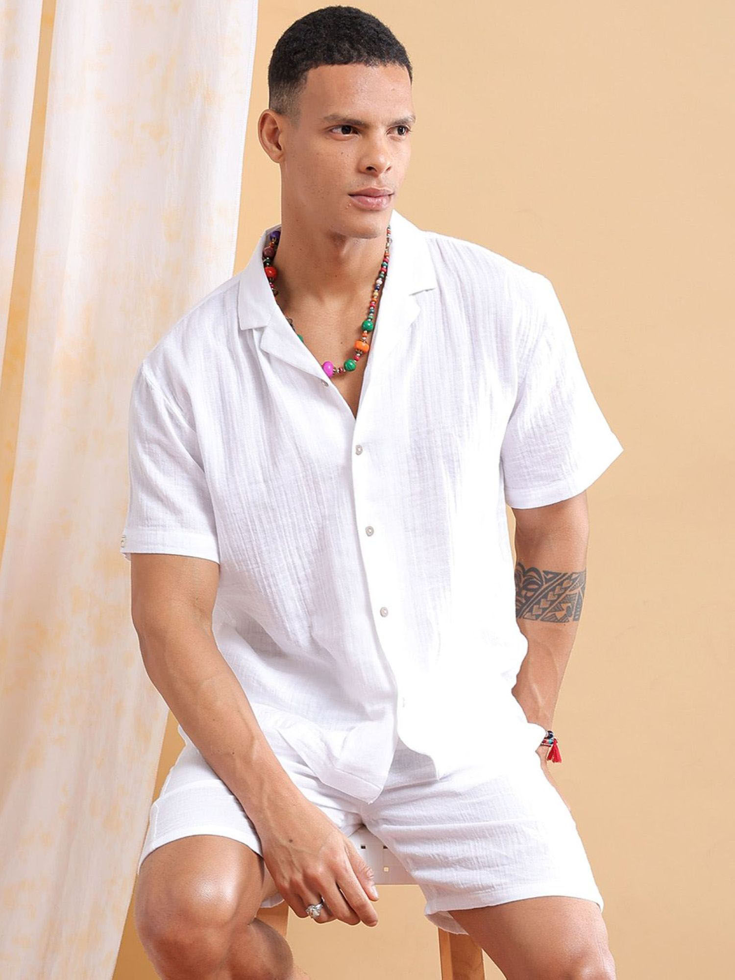 The Indian Garage Co White Men's Regular Fit Solid Shirt and Boxers Co-Ordinates Set (Set of 2)