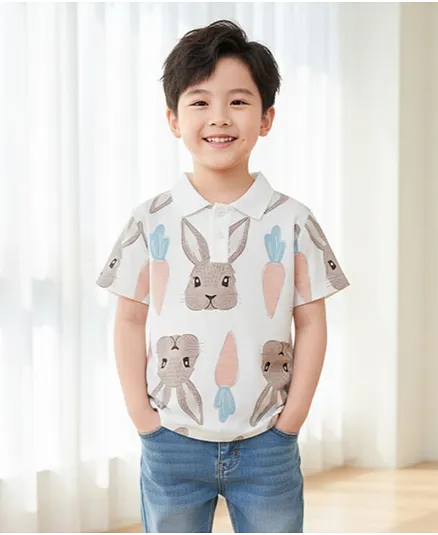 The Kids Club Cotton Woven Half Sleeves Bunny Printed Polo Tee - White