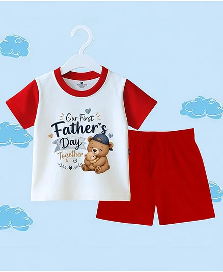 The Peppy Tend 100% Cotton Knit Fathers Day Theme Half Sleeves Our 1st Fathers Day Together Text Printed Tee & Shorts Set - White & Red
