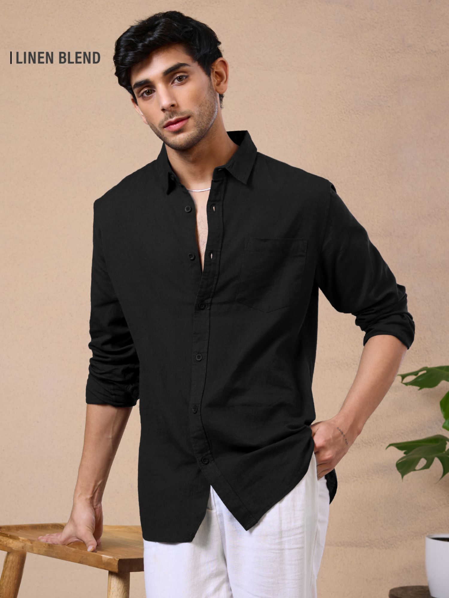 The Souled Store Cotton Linen Bold Black Men Cotton Linen Shirt