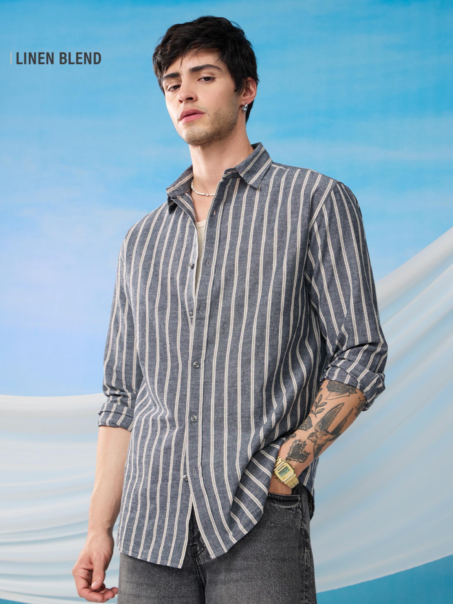 The Souled Store Grey Stripes Regular Fit Shirt