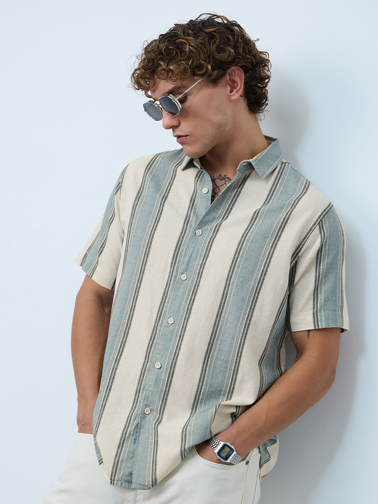 The Souled Store Men Green Cotton Linen Blend Casual Shirt