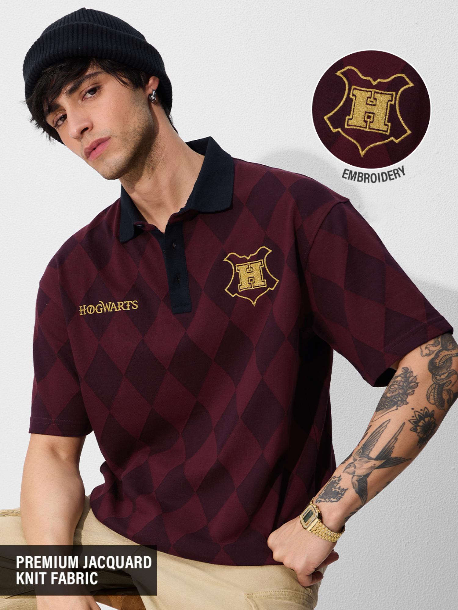 The Souled Store Official Jacquard Polo: Harry Potter Hogwarts Men Oversized Polos