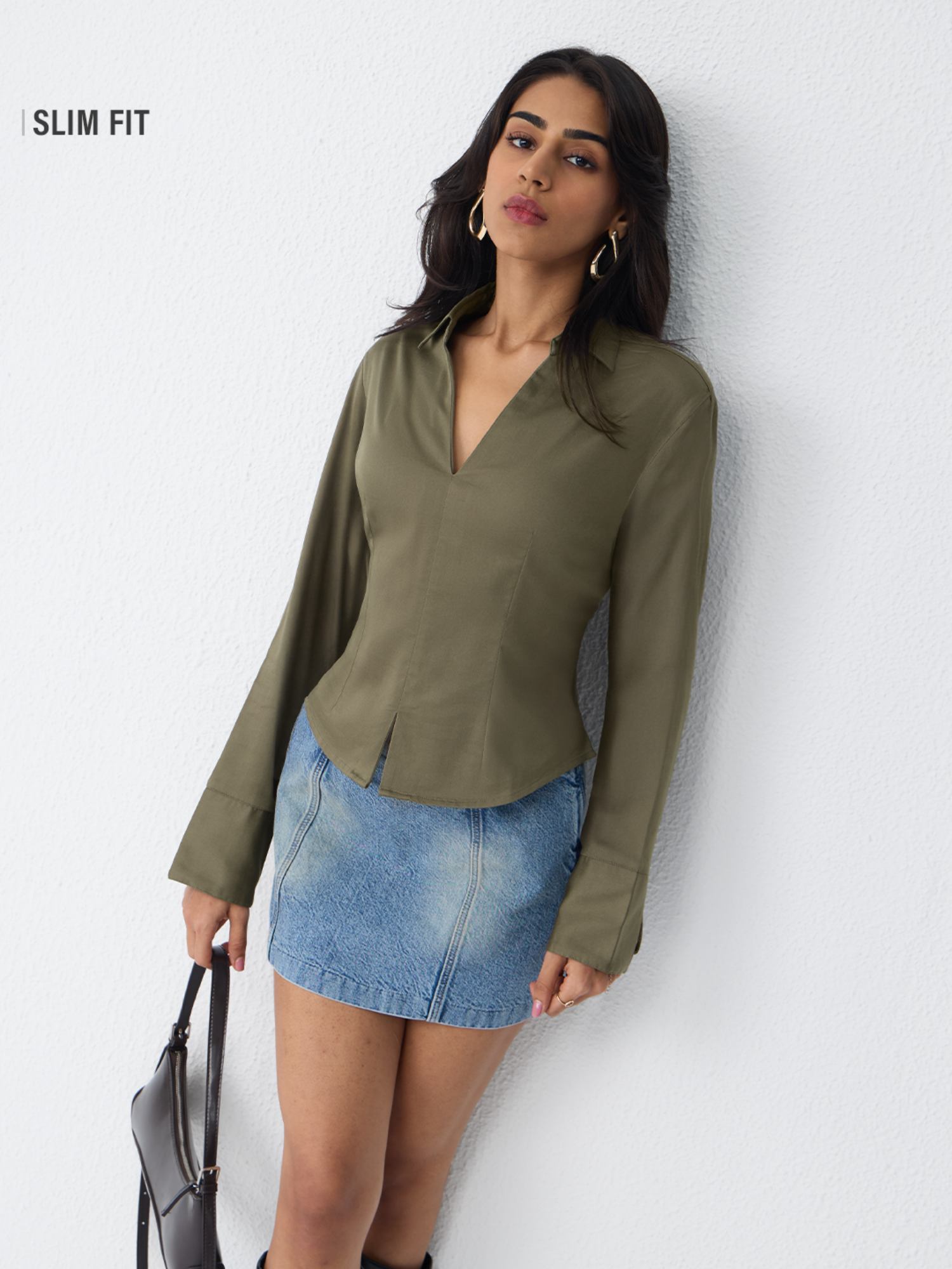 The Souled Store Olive Fitted Shirt Women Fitted Top