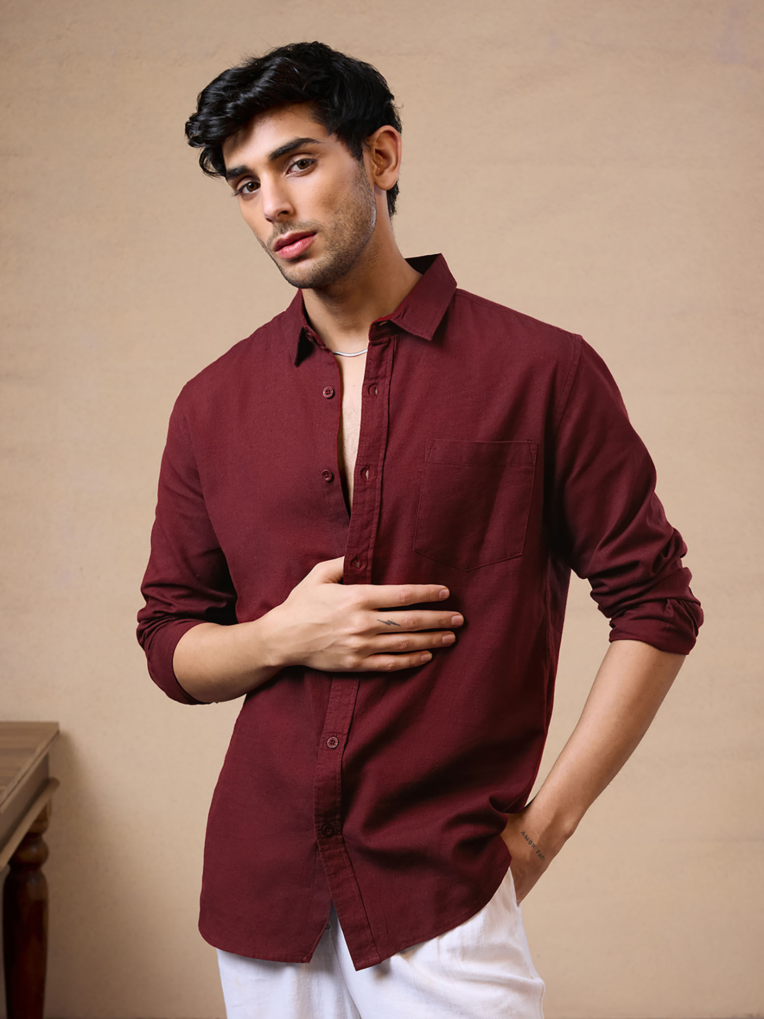 The Souled Store Original Linen : Maroon Cotton Linen Shirts