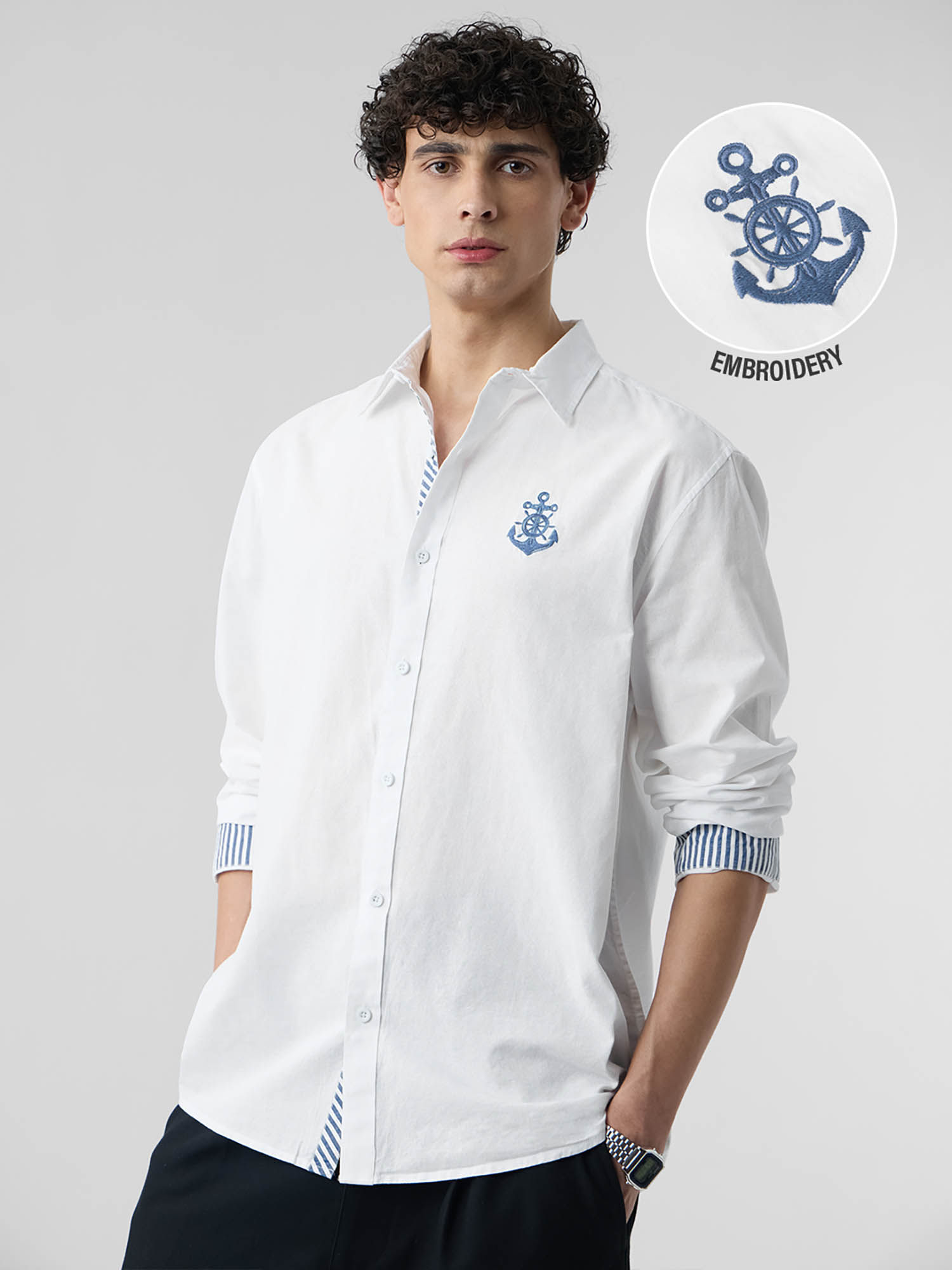 The Souled Store Originals Cotton Linen: Anchor Crest Men Shirt - White
