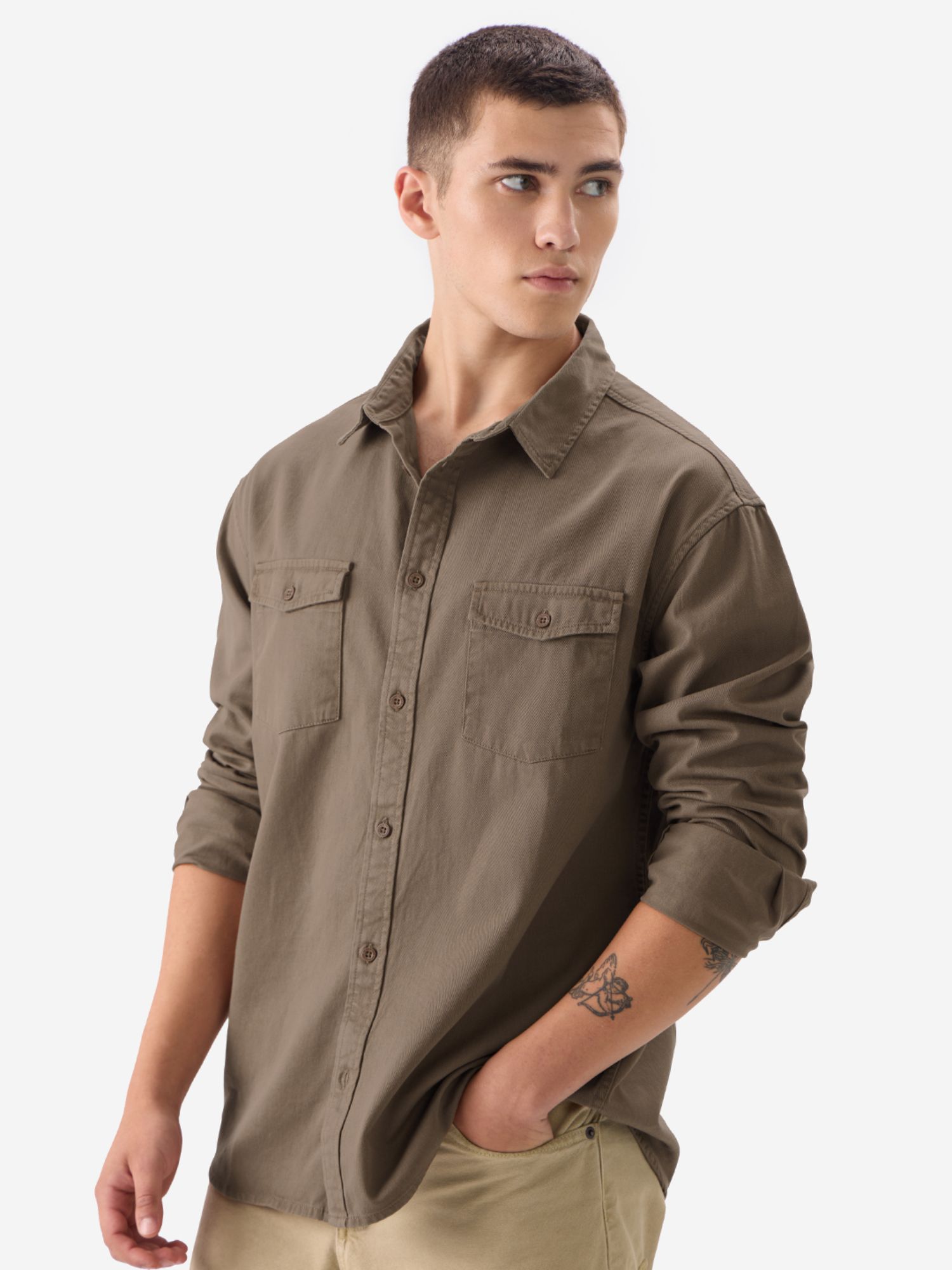 The Souled Store Solid Brown Men Utility Shirt