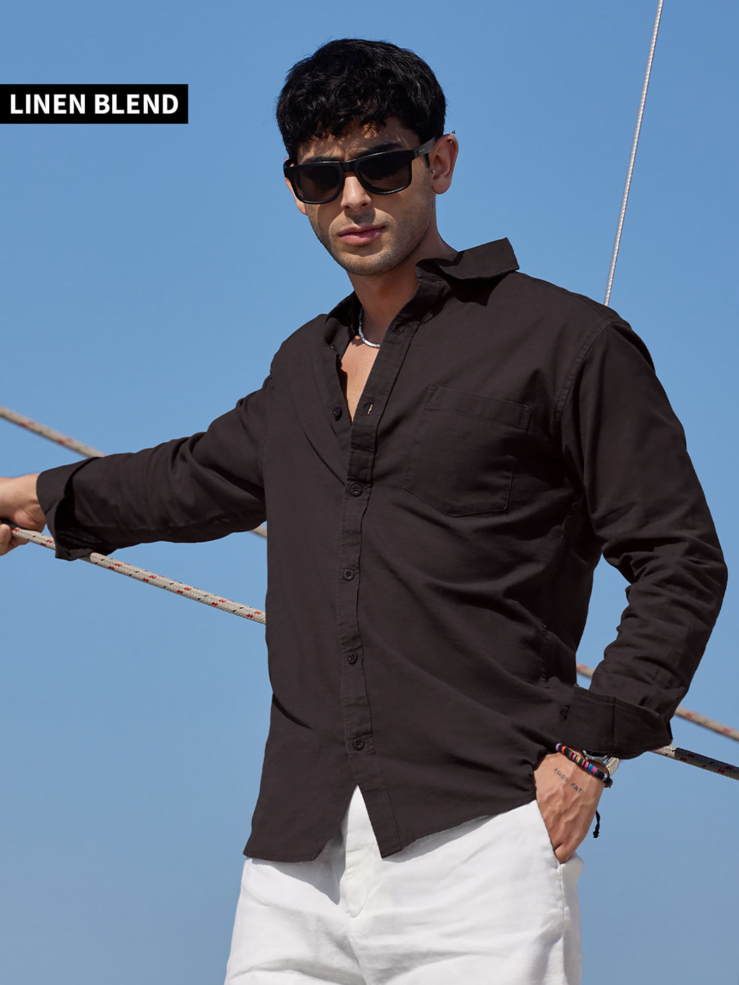The Souled Store Solids Brown Cotton Linen Shirt