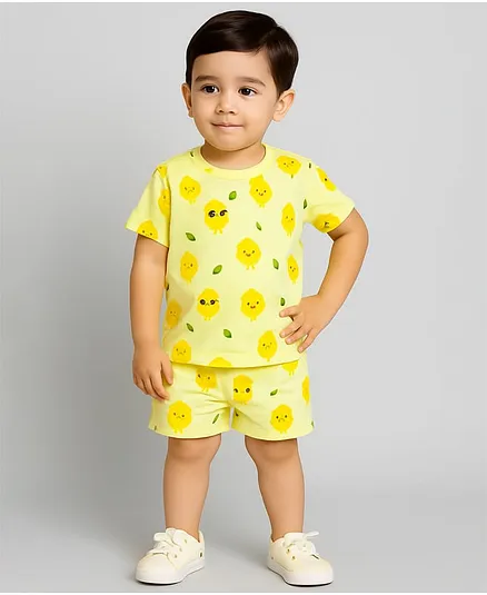 Tiny Hugs Cotton Knit Half Sleeves Lemon Printed Coordinating Tee & Shorts Set - Yellow