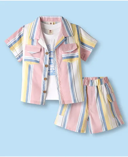 Toffyhouse Cotton Knit Half Sleeves Shirt With Inner Co-Ord T-Shirt & Shorts With Stripes - Pink & White