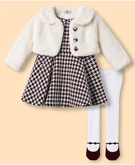 ToffyHouse Fleece Woven Printed Frock & Jacket With Stockings - Multicolor