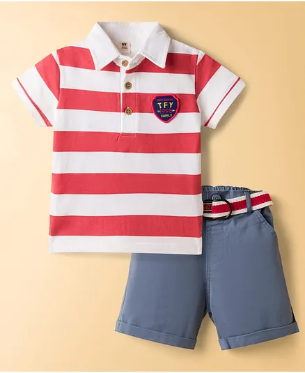 ToffyHouse Interlock Knit Half Sleeves Striped Polo T-Shirt & Shorts Set with Patch Detailing & Belt - Multicolor