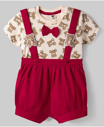 ToffyHouse Interlock Knit Half Sleeves T-Shirt & Shorts With Bear Print & Bow Applique - Red & Offwhite