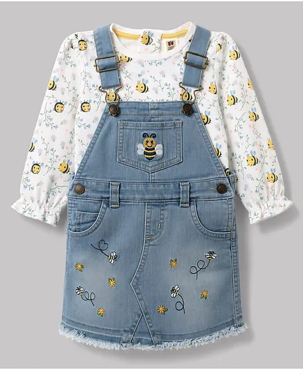 ToffyHouse Knitted Full Sleeves Bee & Floral Printed & Embroidered Frock With Inner Tee - Blue